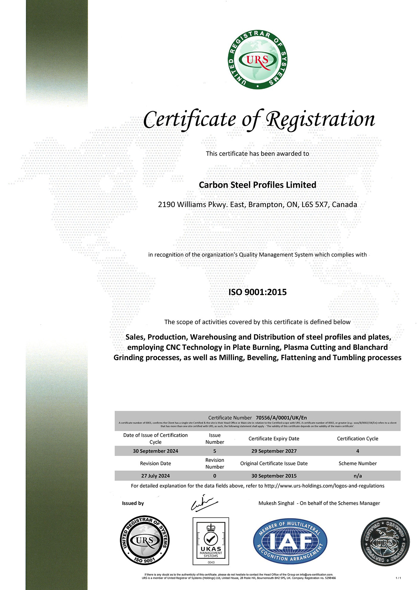 Carbon Steel Profiles Limited ISO Certificate